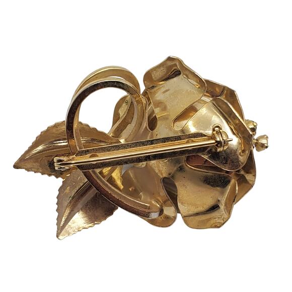 Vintage Enamel Flower Brooch Rhinestone Pin White Rose Gold Tone 1950s Statement - Picture 4 of 10